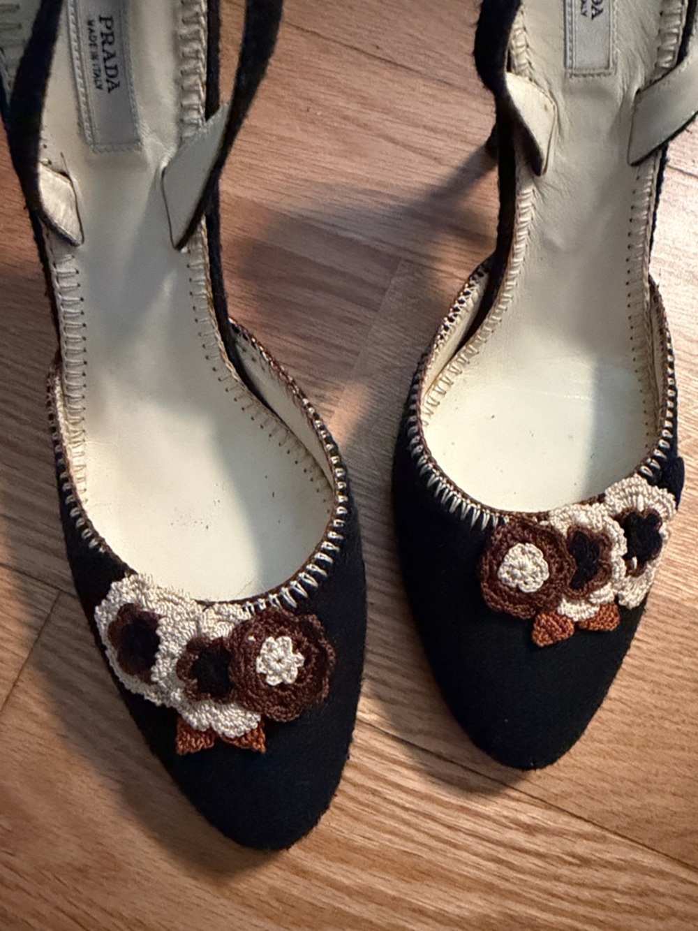 Prada Black Pointed-Toe Slingback Flats with Floral Crochet - Picture 2 of 6